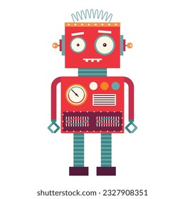 Funny retro robot. Classic vintage mechanical cyborg man in flat design.Tin toy geometric robot old wind up model.