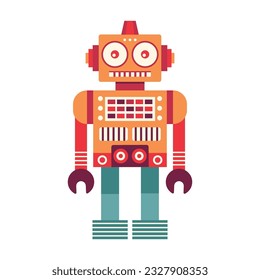 Funny retro robot. Classic vintage mechanical cyborg man in flat design.Tin toy geometric robot old wind up model.