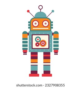 Funny retro robot. Classic vintage mechanical cyborg man in flat design.Tin toy geometric robot old wind up model.