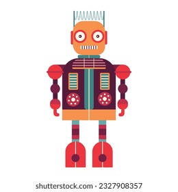 Funny retro robot. Classic vintage mechanical cyborg man in flat design.Tin toy geometric robot old wind up model.