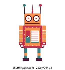 Funny retro robot. Classic vintage mechanical cyborg man in flat design.Tin toy geometric robot old wind up model.