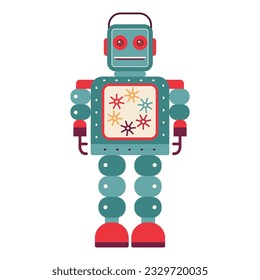 Funny retro robot. Classic vintage mechanical cyborg man in flat design.Tin toy geometric robot old wind up model.