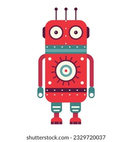 Funny retro robot. Classic vintage mechanical cyborg man in flat design.Tin toy geometric robot old wind up model.