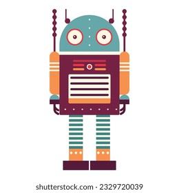 Funny retro robot. Classic vintage mechanical cyborg man in flat design.Tin toy geometric robot old wind up model.