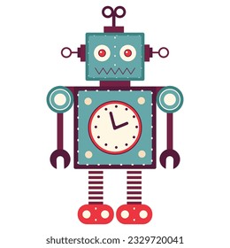 Funny retro robot. Classic vintage mechanical cyborg man in flat design.Tin toy geometric robot old wind up model.