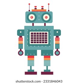 Funny retro robot. Classic vintage mechanical cyborg man in flat design.Tin toy geometric robot old wind up model.