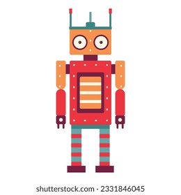 Funny retro robot. Classic vintage mechanical cyborg man in flat design.Tin toy geometric robot old wind up model.