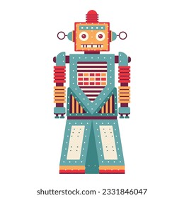 Funny retro robot. Classic vintage mechanical cyborg man in flat design.Tin toy geometric robot old wind up model.