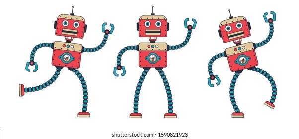 Funny retro robot dancing. Steampunk cartoon vintage red cyborg poses. Vector illustration.