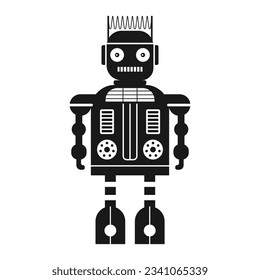 Funny retro robot silhouette. Classic vintage mechanical cyborg man in outline design.Tin toy geometric robot old wind up model in black and white.