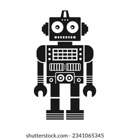 Funny retro robot silhouette. Classic vintage mechanical cyborg man in outline design.Tin toy geometric robot old wind up model in black and white.