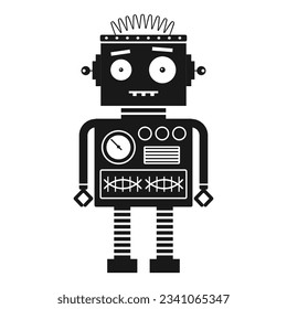 Funny retro robot silhouette. Classic vintage mechanical cyborg man in outline design.Tin toy geometric robot old wind up model in black and white.