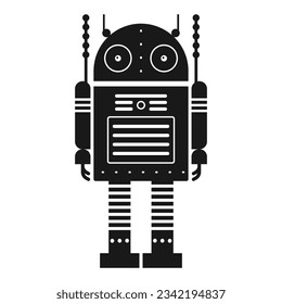 Funny retro robot silhouette. Classic vintage mechanical cyborg man in outline design.Tin toy geometric robot old wind up model in black and white.