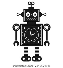 Funny retro robot silhouette. Classic vintage mechanical cyborg man in outline design.Tin toy geometric robot old wind up model in black and white.