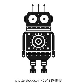 Funny retro robot silhouette. Classic vintage mechanical cyborg man in outline design.Tin toy geometric robot old wind up model in black and white.