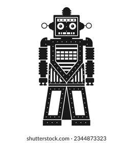 Funny retro robot silhouette. Classic vintage mechanical cyborg man in outline design.Tin toy geometric robot old wind up model in black and white.