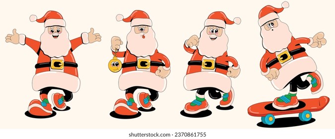 Funny retro Santa Claus characters. Set of posing vector illustrations of Christmas symbol in 60s-80s style. Merry Christmas and Happy New Year.