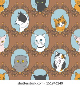 Funny retro seamless pattern with cats. Vector illustration