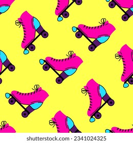 Funny retro seamless pattern with roller skates. Bright endless background with colorful vintage roller skates. Repeat vector illustration on yellow