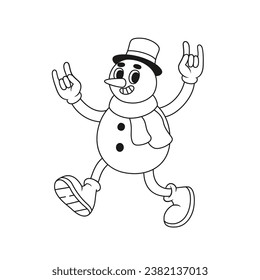 Funny retro snowman character. Vector illustration in line style.