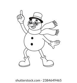 Funny retro snowman character. Vector illustration in line style.