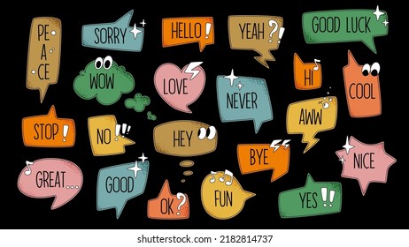 Funny retro speech bubbles with eyes and marks template set. Colorful cartoon communication design with text and texture. Vector comic elements isolated on black background.