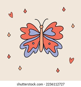 Funny retro Sticker of Groovy Butterfly. Vintage cartoon 60s - 70s psychedelic element. Isolated vector illustration