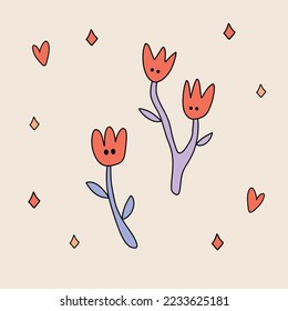 Funny retro Sticker of Groovy Flower with eyes. Vintage cartoon 60s - 70s psychedelic element. Isolated vector illustration