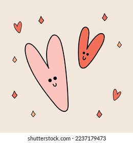 Funny retro Sticker of Groovy Hearts with eyes. Vintage cartoon 60s - 70s psychedelic element. Isolated vector illustration