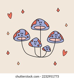 Funny retro Sticker of Groovy Mushroom with eyes. Vintage cartoon 60s - 70s psychedelic element. Isolated vector illustration