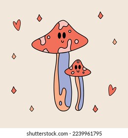 Funny retro Sticker of Groovy Mushroom with eyes. Vintage cartoon 60s - 70s psychedelic element. Isolated vector illustration