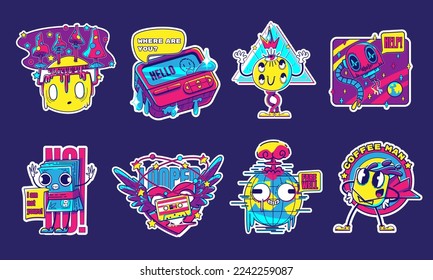 Funny retro stickers isolated on background. Contemporary vector illustration of weird colorful characters, emoji, vintage player, winged heart, casette tape, alien, coffee, money, scared earth planet