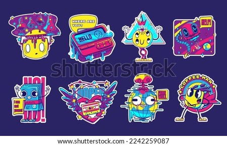 Funny retro stickers isolated on background. Contemporary vector illustration of weird colorful characters, emoji, vintage player, winged heart, casette tape, alien, coffee, money, scared earth planet