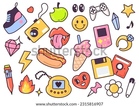 Funny retro stickers. Stickers for notepad, planner in cartoon style. Vector design elements isolated on white background. Style 90 x 2000 x