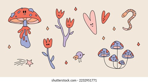 Funny retro Stickers of Psychedelic Groovy aesthetic. Vintage cartoon set of mushrooms, flowers, bird, worm, stars, and hearts. Funky 60s - 70s elements