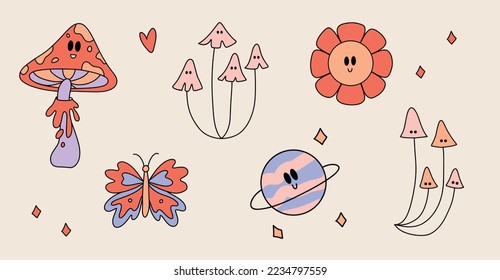 Funny retro Stickers of Psychedelic Groovy aesthetic. Vintage cartoon set of mushrooms, flower, butterfly, stars, and hearts. Funky 60s - 70s elements