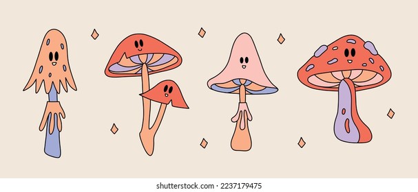 Funny retro Stickers of Psychedelic Groovy aesthetic. Vintage cartoon set of different mushrooms. Funky 60s - 70s elements