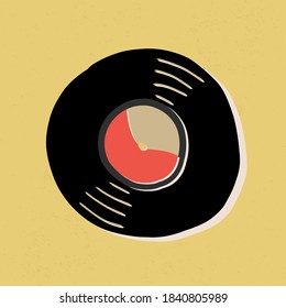Funny retro style card design with vinyl record disc on textured yellow background. Hand-drawn vector illustration.