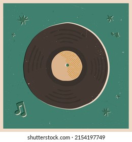 Funny retro style card design with vinyl record disc surrounded music notes and stars on textured green background. Hand-drawn vector illustration.