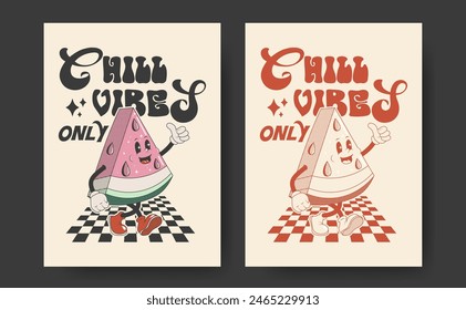 Funny retro styled poster or card or t-shirt print design template with watermelon character and typographic composition with monochromatic version. Vector illustration