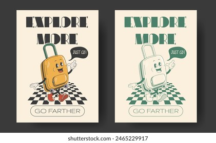  Funny retro styled poster or card or t-shirt print design template with suitcase character and typographic composition with monochromatic version. Vector illustration