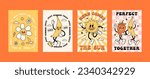 Funny retro summer poster collection print. Groovy bright character mascot and elements. Cartoon hippie 70s poster with lettering. Vector logo card in trendy retro style. Rays and chess background