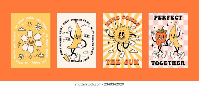 Graciosa colección de afiches de verano retro. Mascota Groovy de carácter brillante y elementos. Cartel hippie de caricatura de los años 70 con letras. Tarjeta de logotipo vectorial en estilo retro moderno. Antecedentes de ramas y ajedrez