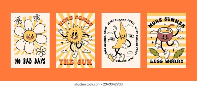 Funny retro summer poster collection print. Groovy bright character mascot and elements. Cartoon hippie 70s poster with lettering. Vector logo card in trendy retro style. Rays and chess background