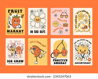 Funny retro summer poster collection print. Groovy bright character mascot and elements. Cartoon hippie 70s poster with lettering. Vector logo card in trendy retro style. Rays and chess background