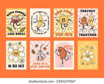 Funny retro summer poster collection print. Groovy bright character mascot and elements. Cartoon hippie 70s poster with lettering. Vector logo card in trendy retro style. Rays and chess background