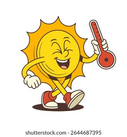 Funny retro sun character with a smiling face, cartoon style limbs, and a red thermometer symbolizing summer heat and sunny weather. Perfect for logo, resort or vacation design. Vector illustration