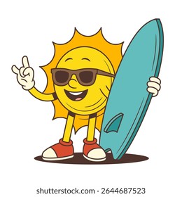 Funny retro sun character wearing sunglasses, showing rock hand gesture and holding a surfboard. Ideal for summer designs, children’s products, posters, and surf-related branding. Vector illustration