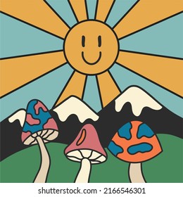 Die sonnige Retro-Sonne, die Berge und die psychedelischen Pilze, die Hippie-Landschaft Vintage-Illustration. Modeposter. Flaches Design, handgezeichnet Cartoon, Vektorgrafik.