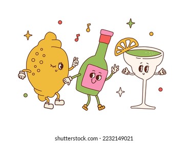 Divertidos personajes retro Tequila, Lime y Margarita. La comida mexicana y el baile de la bebida. Partido latinoamericano. Dibujo vectorial de dibujos animados de los años 40 aislado en el fondo. Diseño conceptual de los mejores amigos.